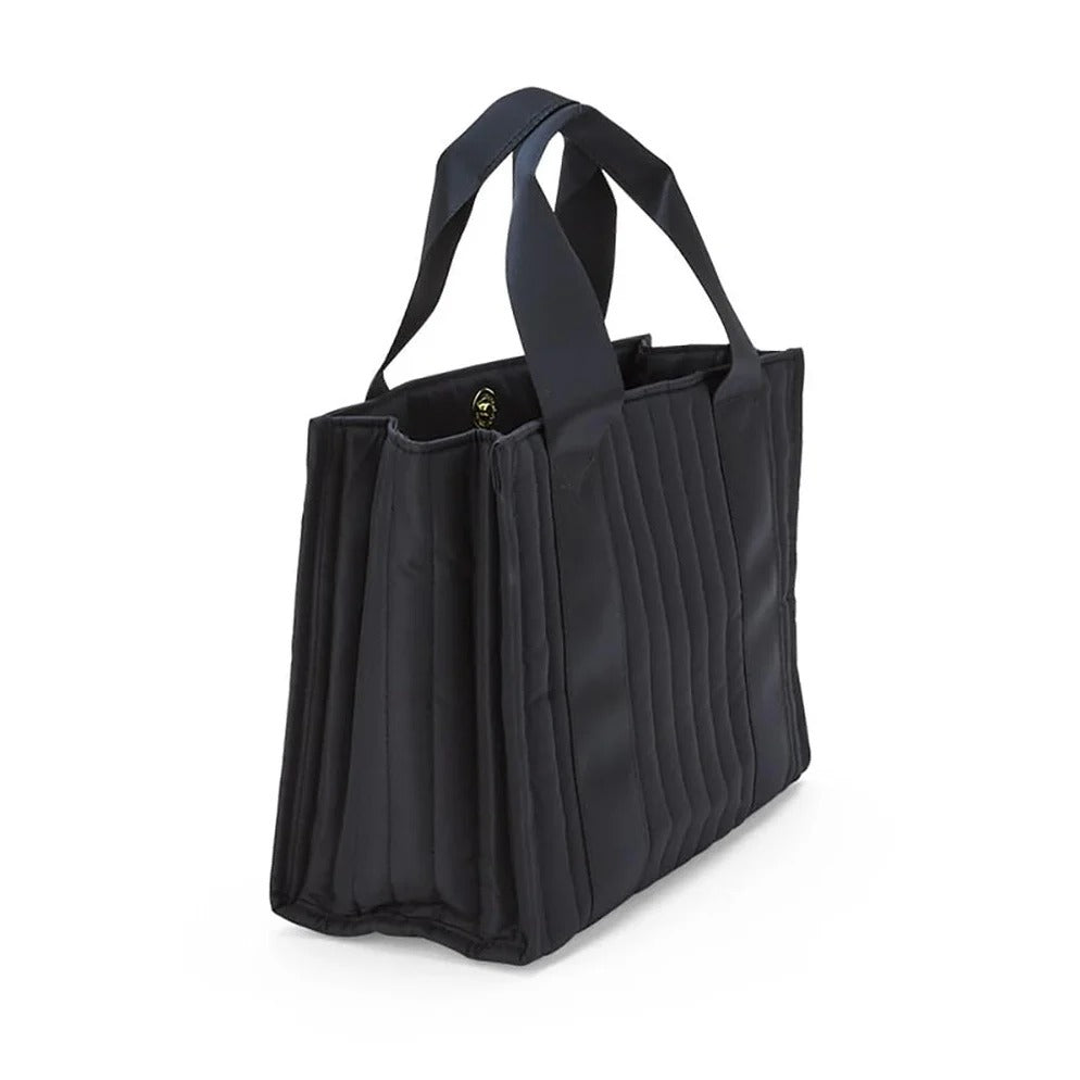 Front view of Kuromi quilted tote bag showing puffer texture and embroidery