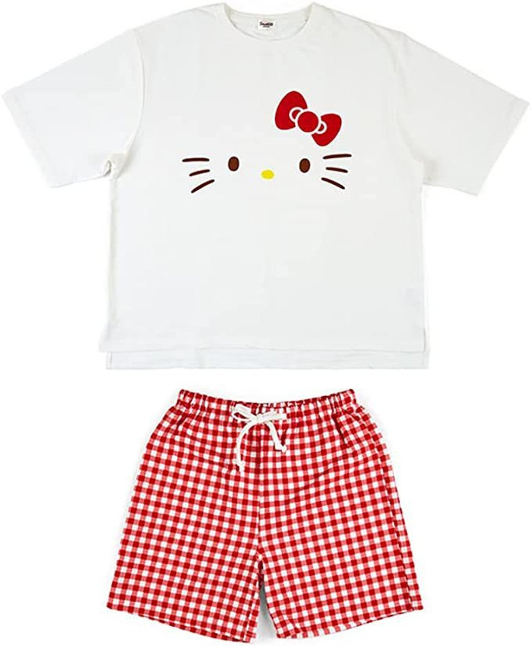 Hello Kitty loungewear set featuring a relaxed-fit t-shirt and gingham shorts on a woman lounging at home