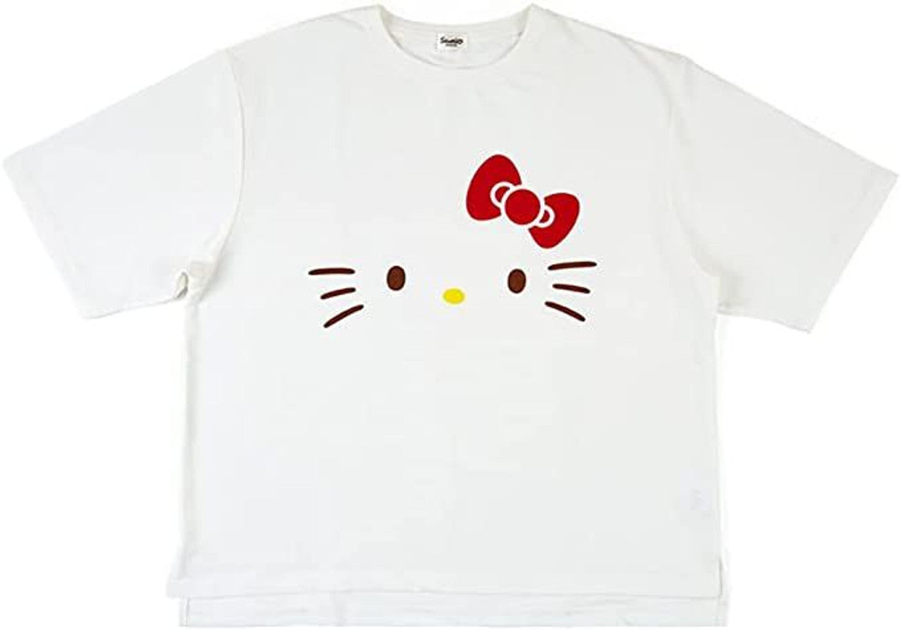 Hello Kitty loungewear set featuring a relaxed-fit t-shirt and gingham shorts on a woman lounging at home