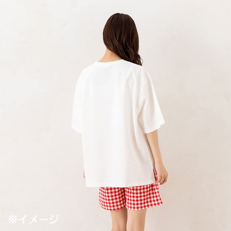 Close-up of the gingham bottoms with elastic waistband and drawstrings in the Hello Kitty loungewear set