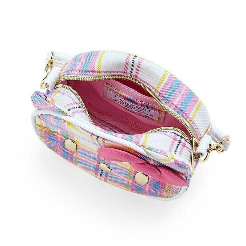 Rear view of the Hello Kitty tartan crossbody bag, highlighting the coordinating pink interior lining