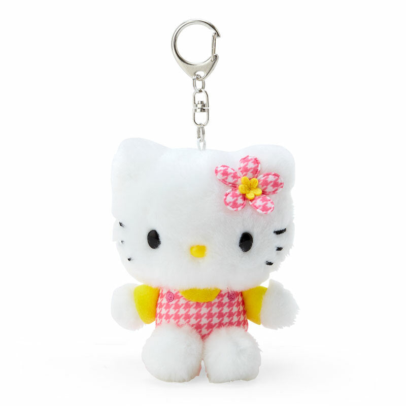 Hello Kitty plush keychain displayed on a denim tote strap