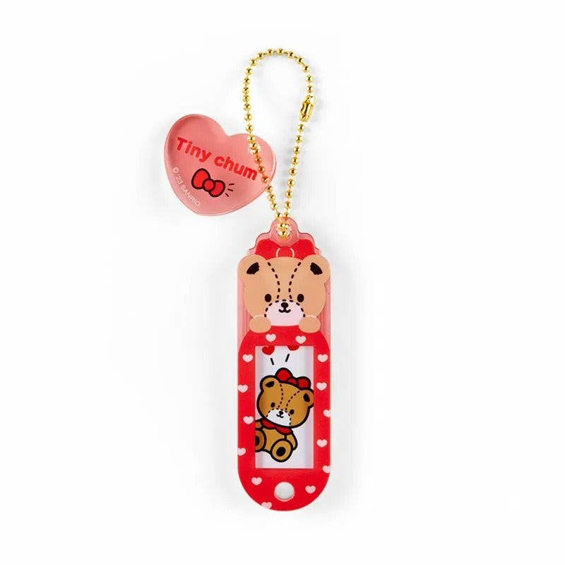 Person holding a Sanrio mascot charm with a photo slot, ready to personalize