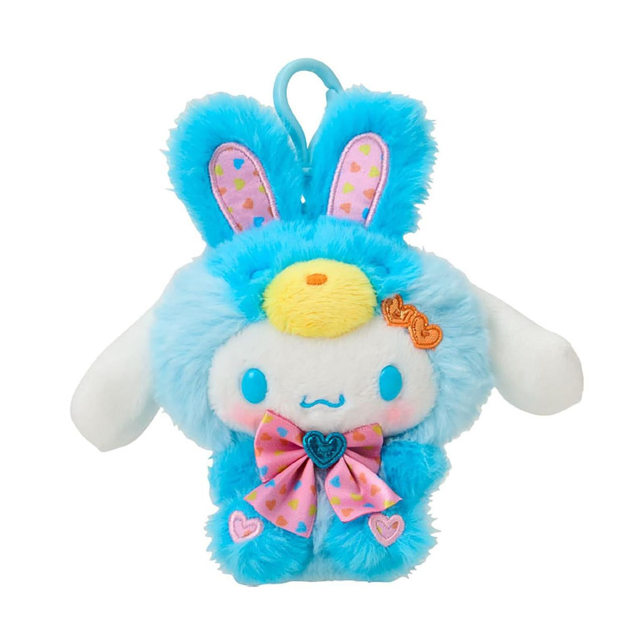 Front view of Cinnamoroll mascot keychain showing bunny outfit details