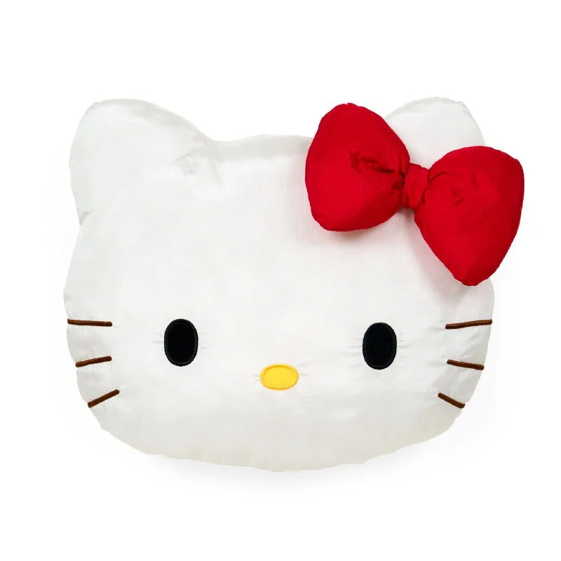 Front view of Hello Kitty face plush showing bold embroidery and parachute fabric