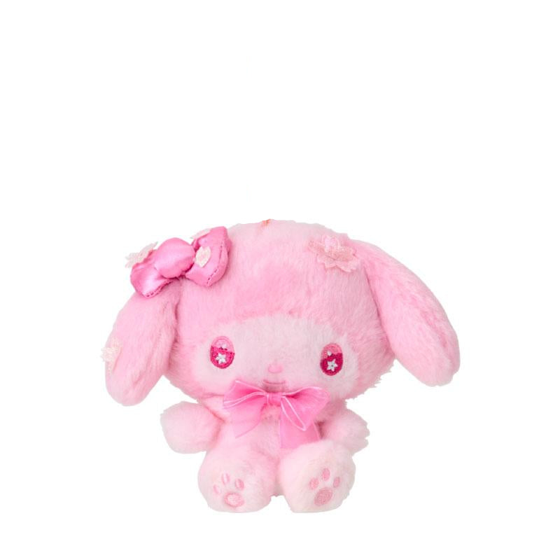 My Melody plush keychain hanging from a pink bag