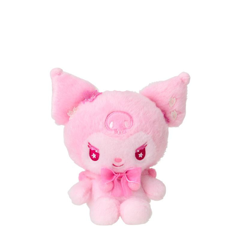 Close-up of the Sakura Blossoms Kuromi plush keychain showcasing floral details.