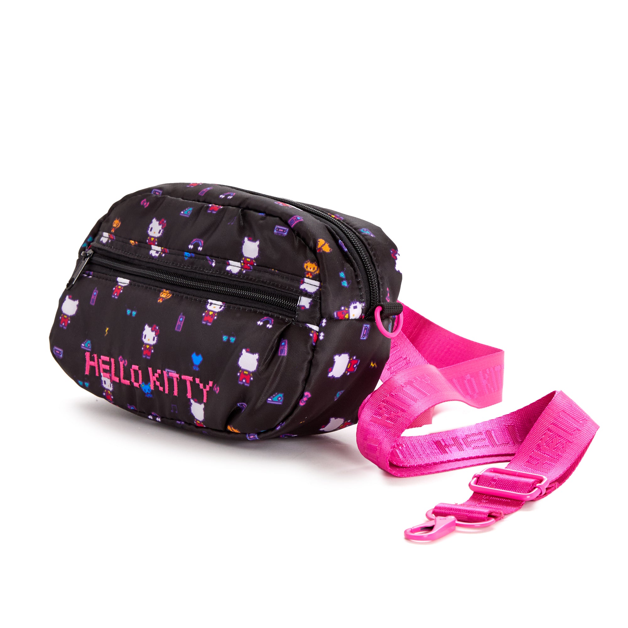 Close-up of Hello Kitty pixel art on the crossbody bag
