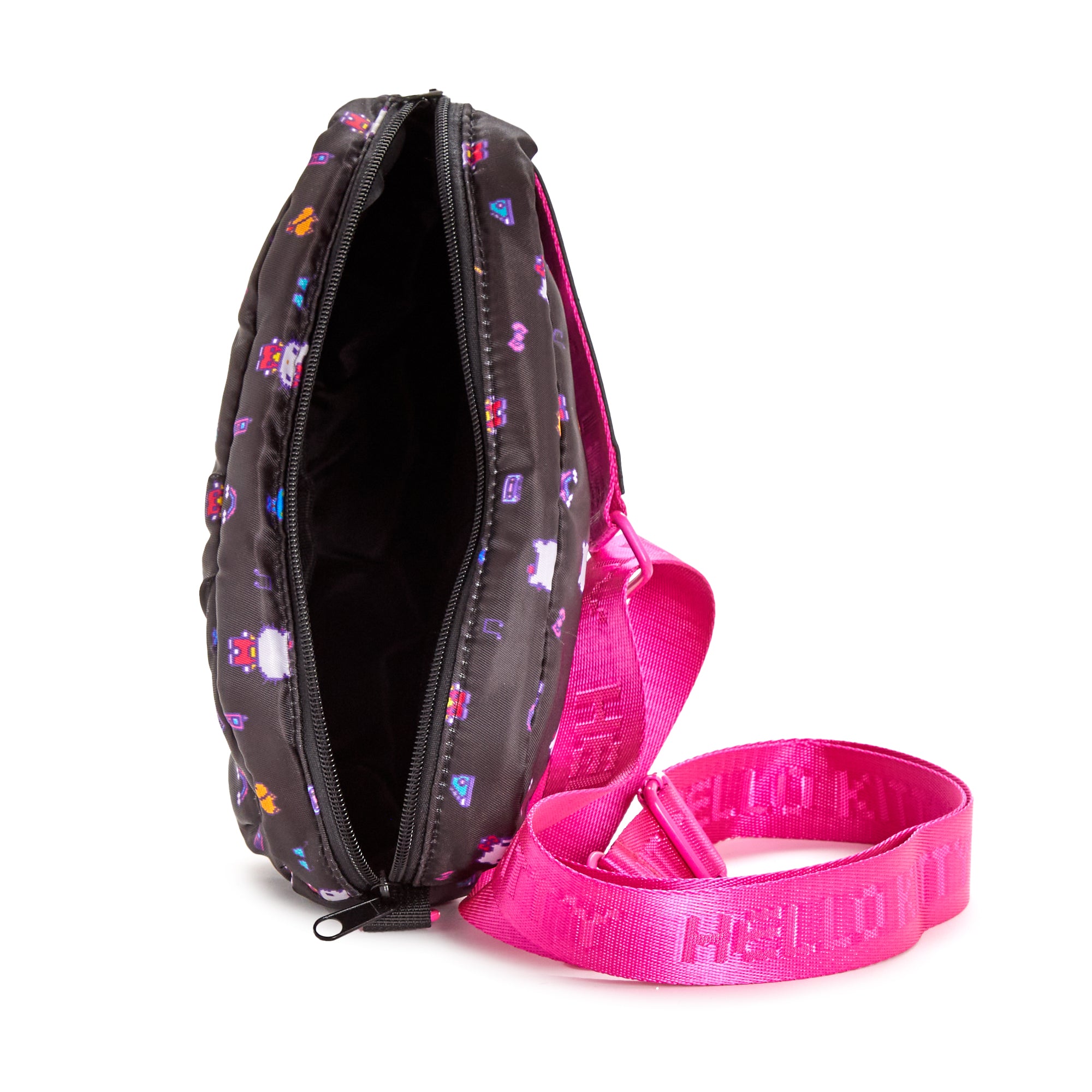 Hello Kitty crossbody bag in use, showing its compact size and exterior pocket