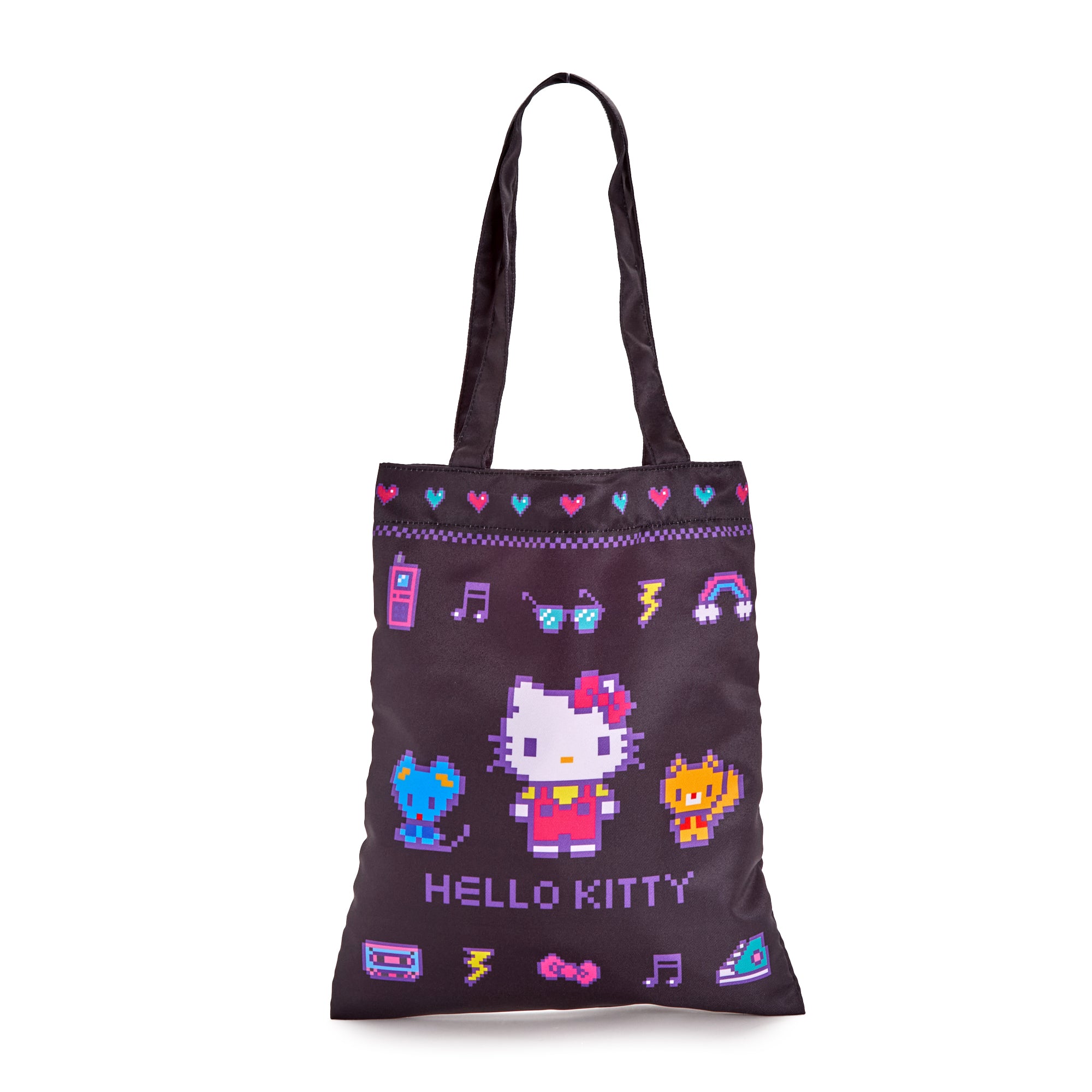 Hello Kitty tote bag with pixelated design showcasing retro elements.