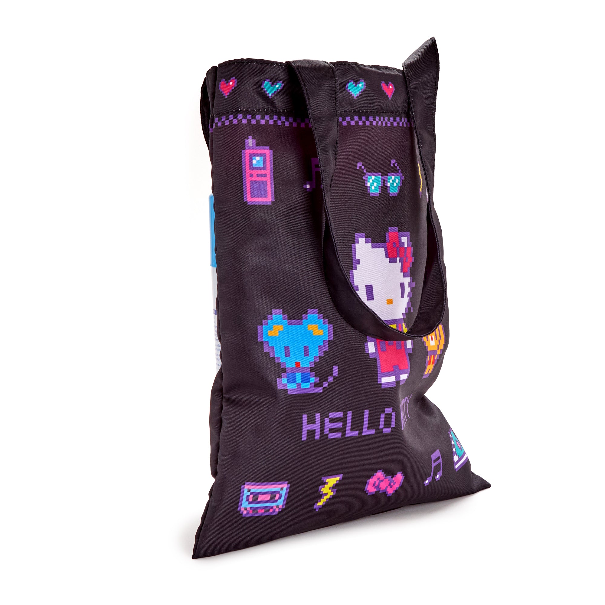 Hello Kitty tote bag with pixelated design showcasing retro elements.