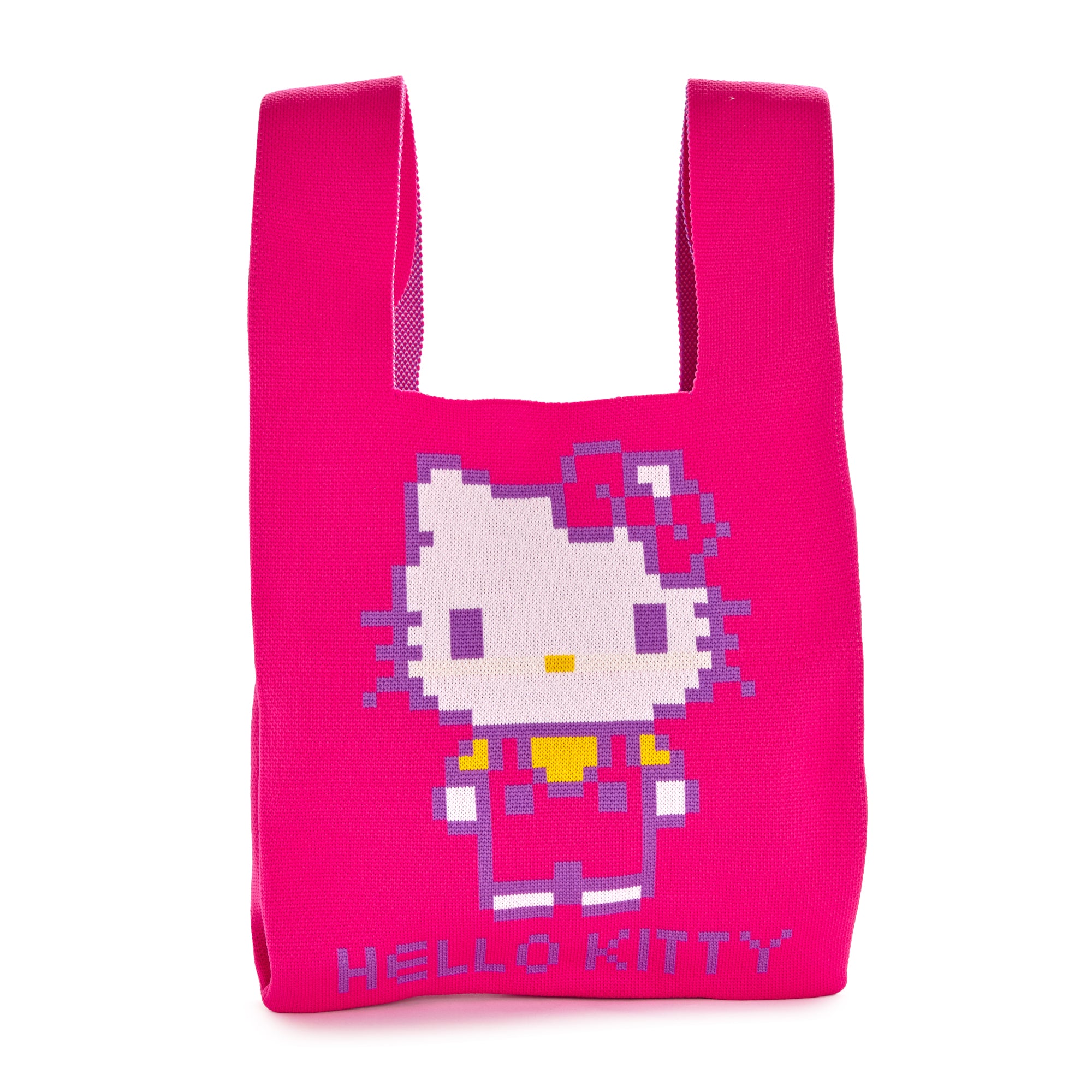 Front view of Hello Kitty pink tote with pixel art icons and knit texture