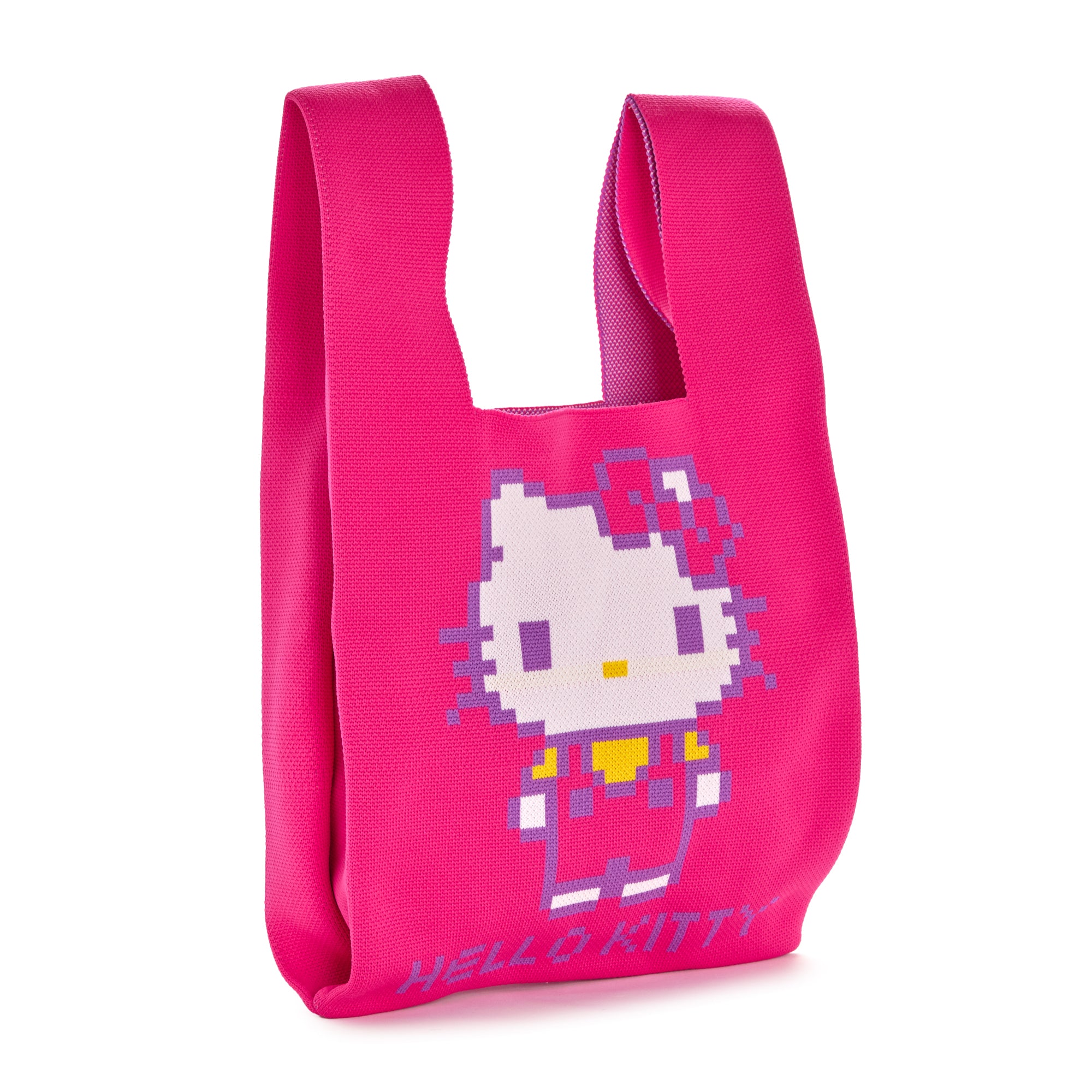 Front view of Hello Kitty pink tote with pixel art icons and knit texture