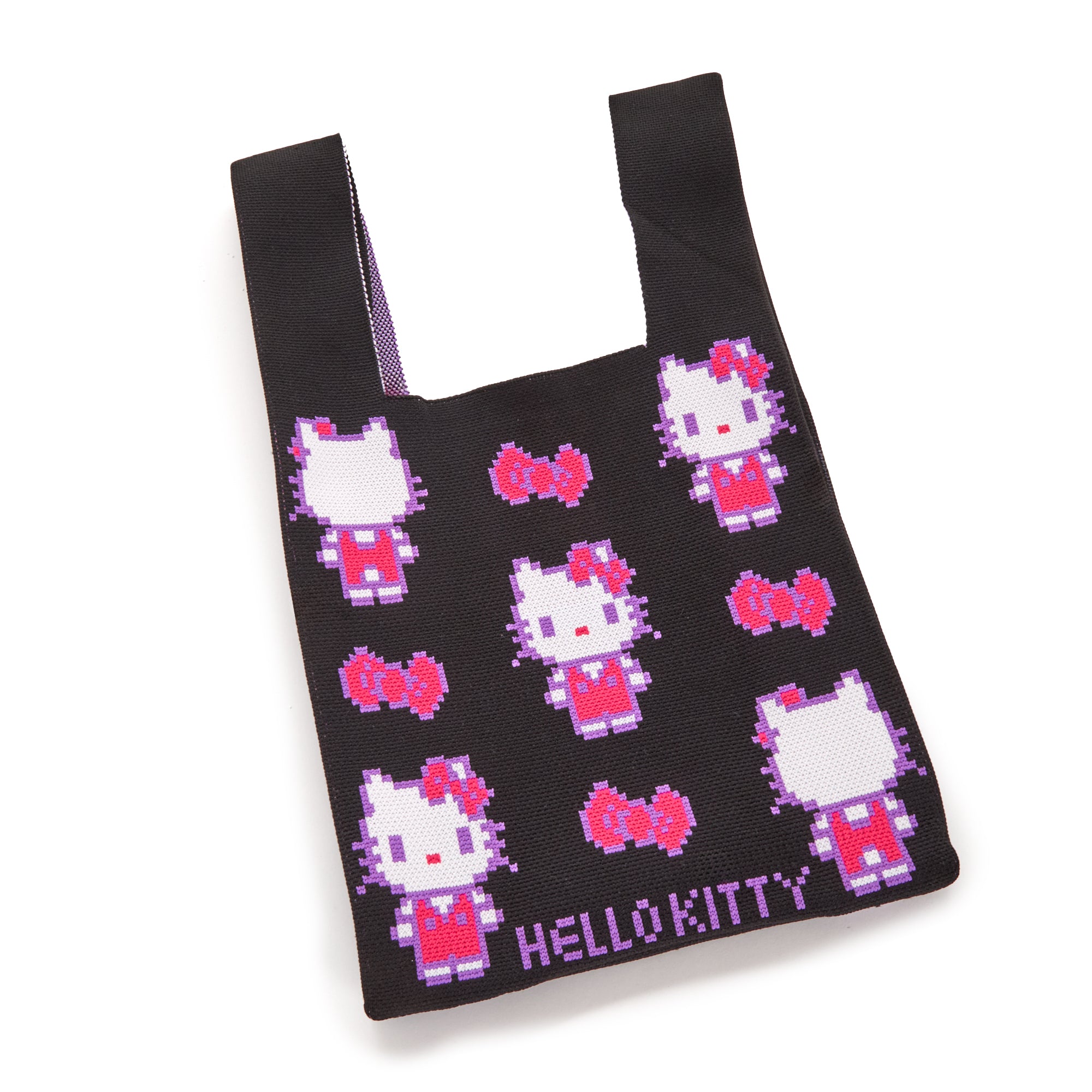 Front view of Hello Kitty pixel knit tote bag showcasing colorful design