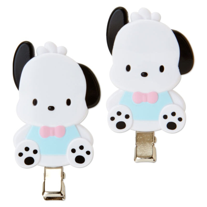 Close-up of Pochacco hair clips in playful design.