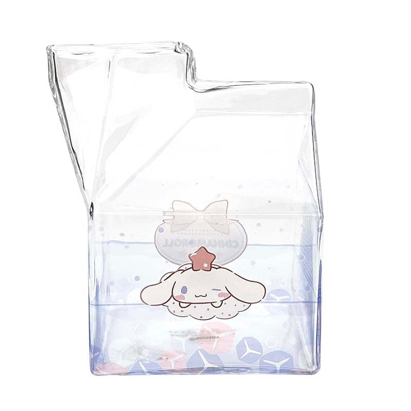 Close-up of Cinnamoroll milk carton cup filled with strawberry milk