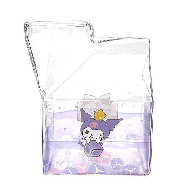 Kawaii Kuromi glass milk carton cup on a kitchen table.