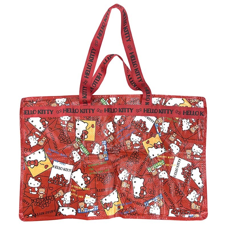 Rolling waterproof outdoor storage bag in Hello Kitty print used for grocery transport.