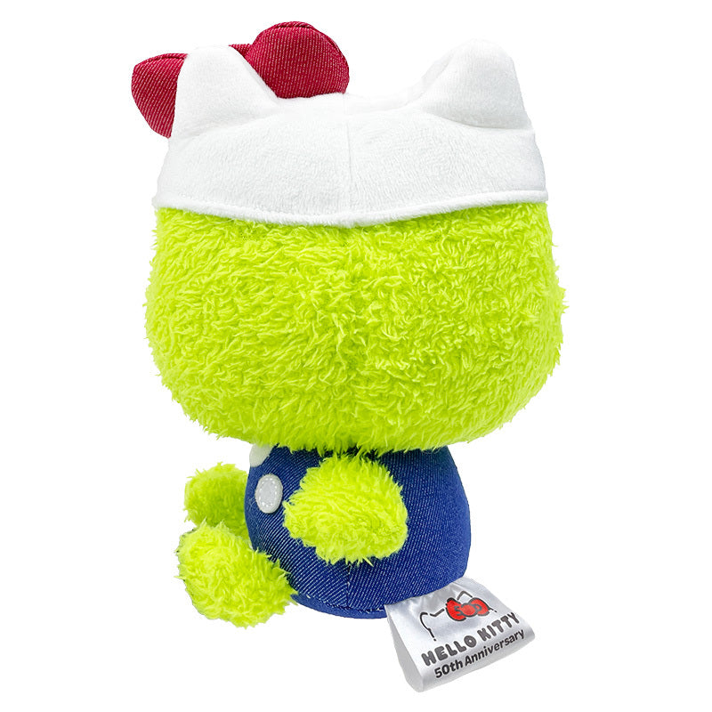 Side angle showing Hello Kitty-inspired overalls and bow