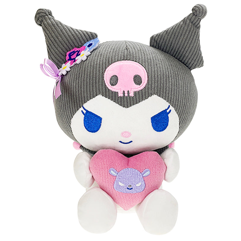 Front view of the Kuromi plush with floral embroidery and purple corduroy fabric