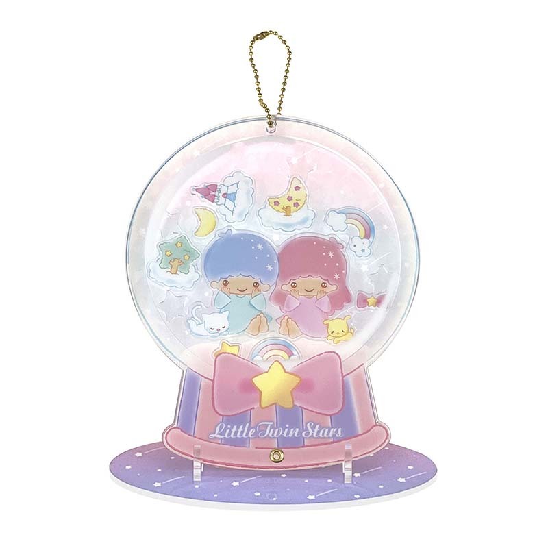 Custom acrylic keychain featuring Little Twin Stars with furry friends in a snow-globe design