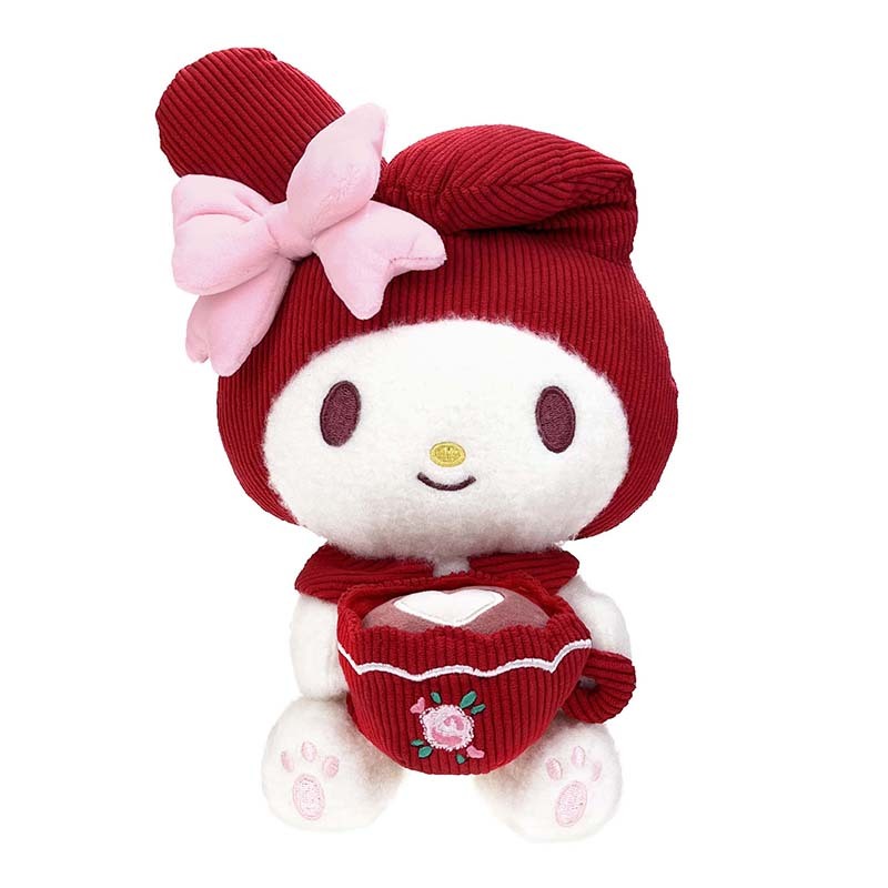 Front view of mocha My Melody plush showing corduroy texture and pink bow