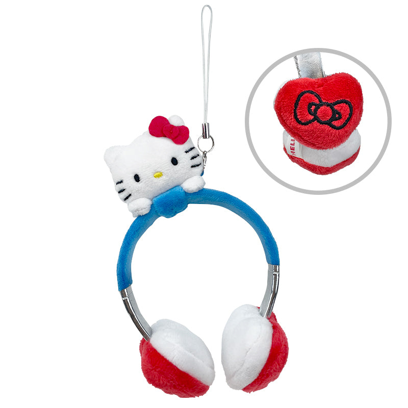 Hello Kitty plush headphones bag charm hanging on a handbag, featuring vibrant embroidery and applique details