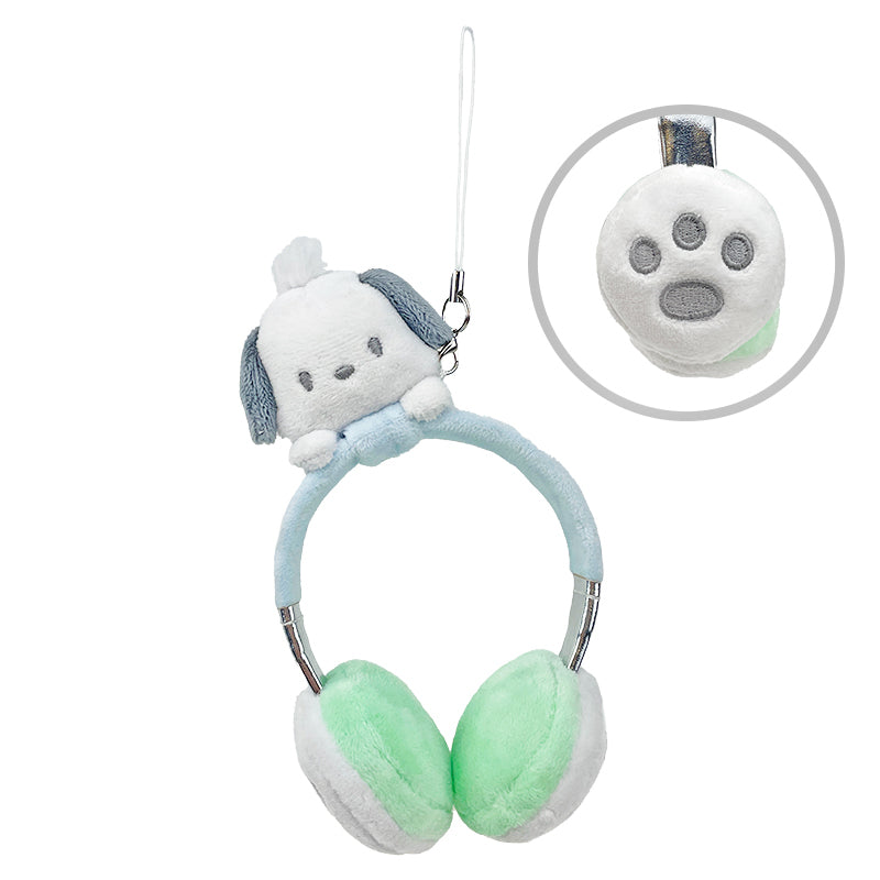 Pochacco headphones charm attached to a backpack strap