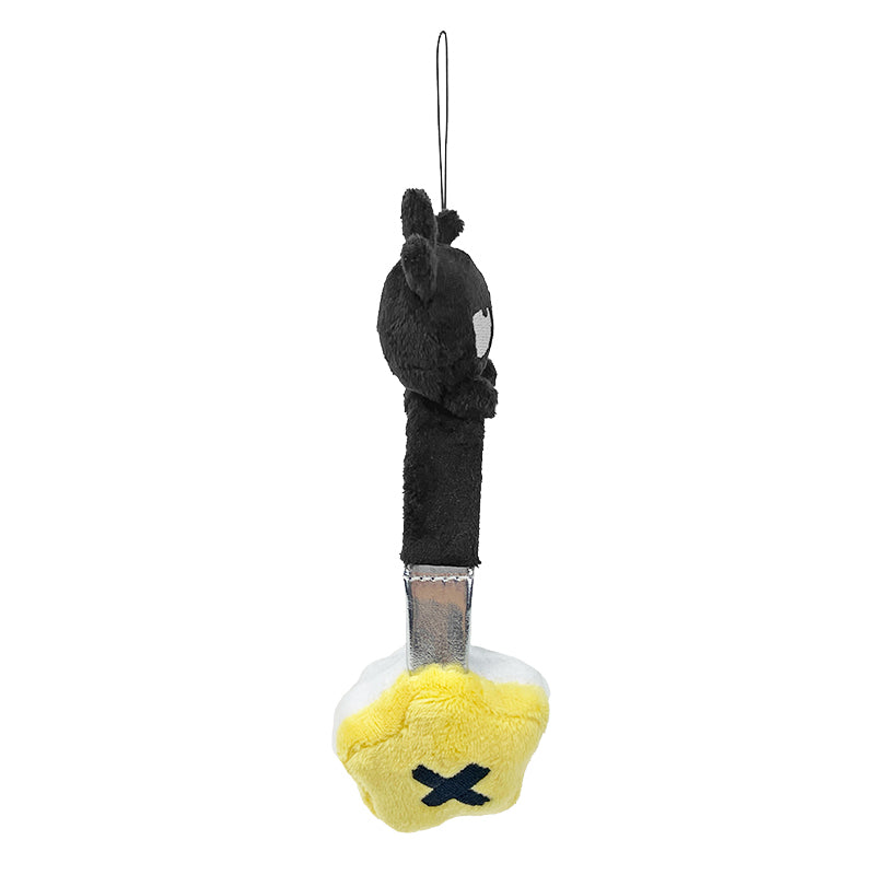 Badtz-Maru bag charm plush clipped to backpack, perfect for fans of Sanrio accessories