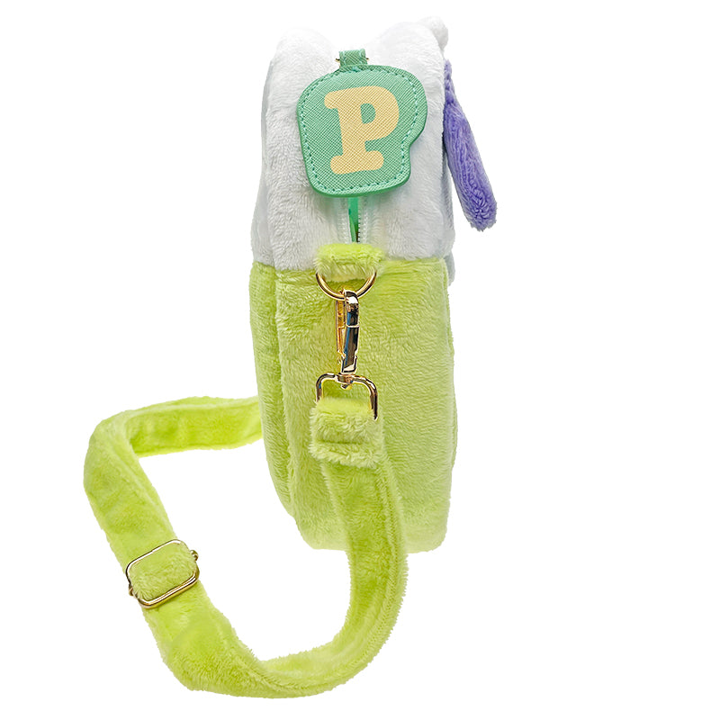 Adjustable straps on the Pochacco plush ita-bag crossbody in a playful setting.