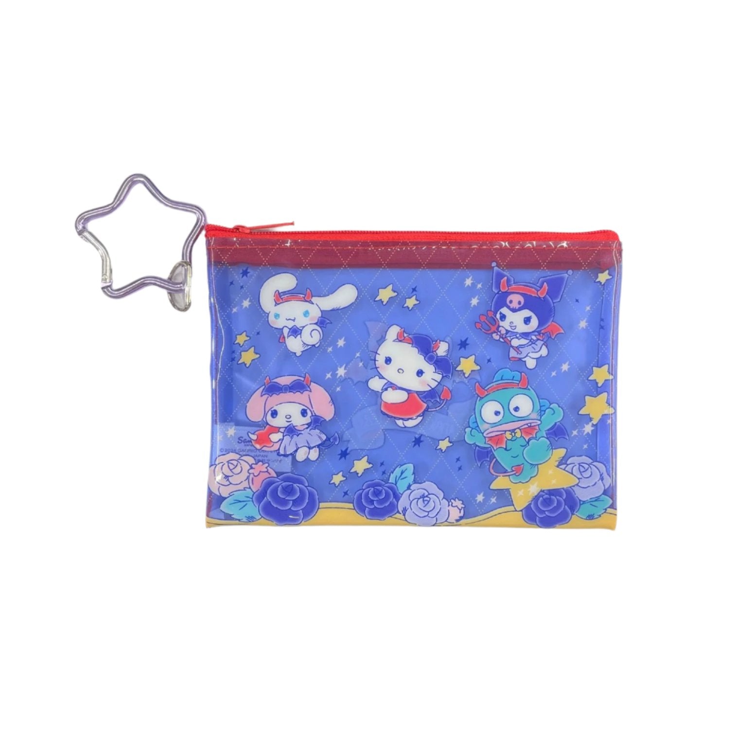 Close-up of a Sanrio blind bag showing a surprise character inside a colorful zipper pouch.