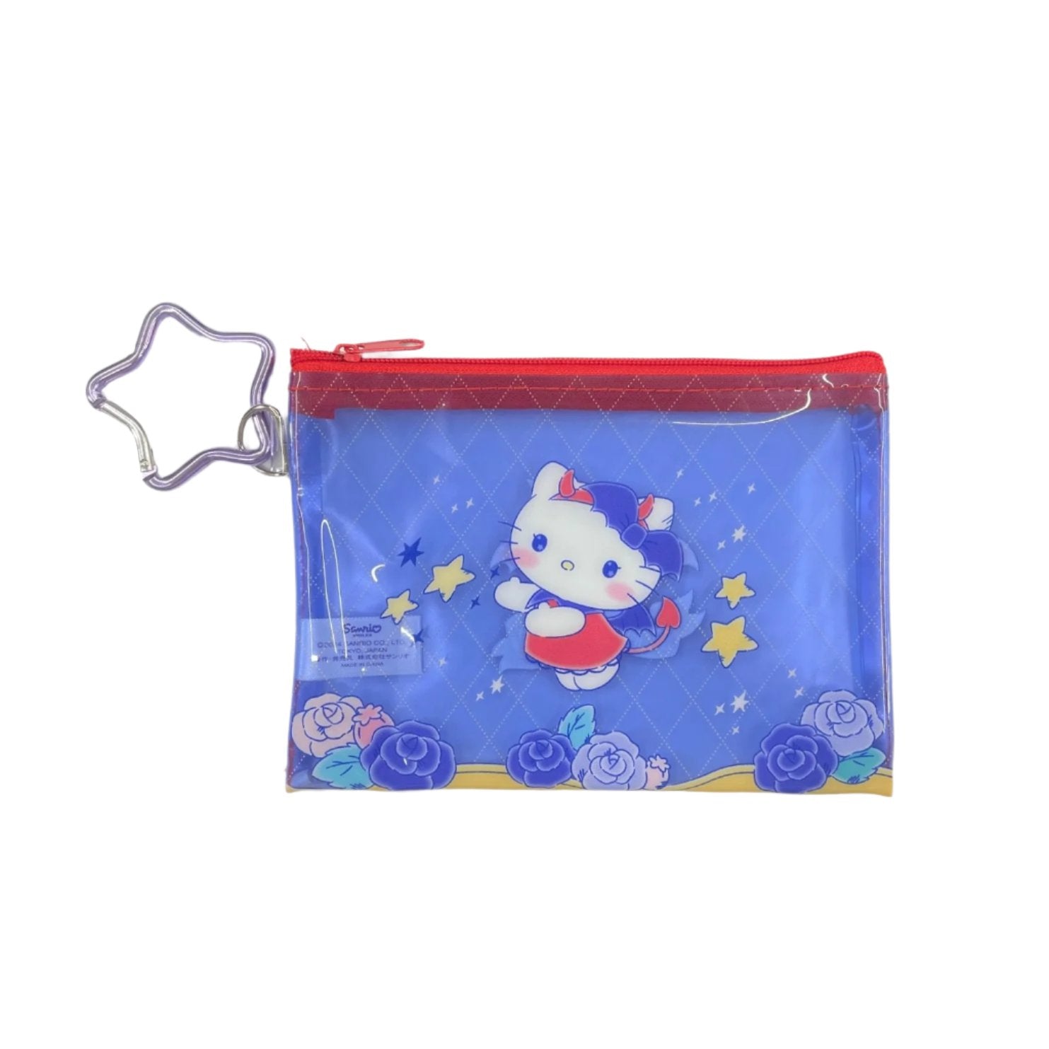 Cute Sanrio zipper pouch attached to a backpack, featuring dual personality design.
