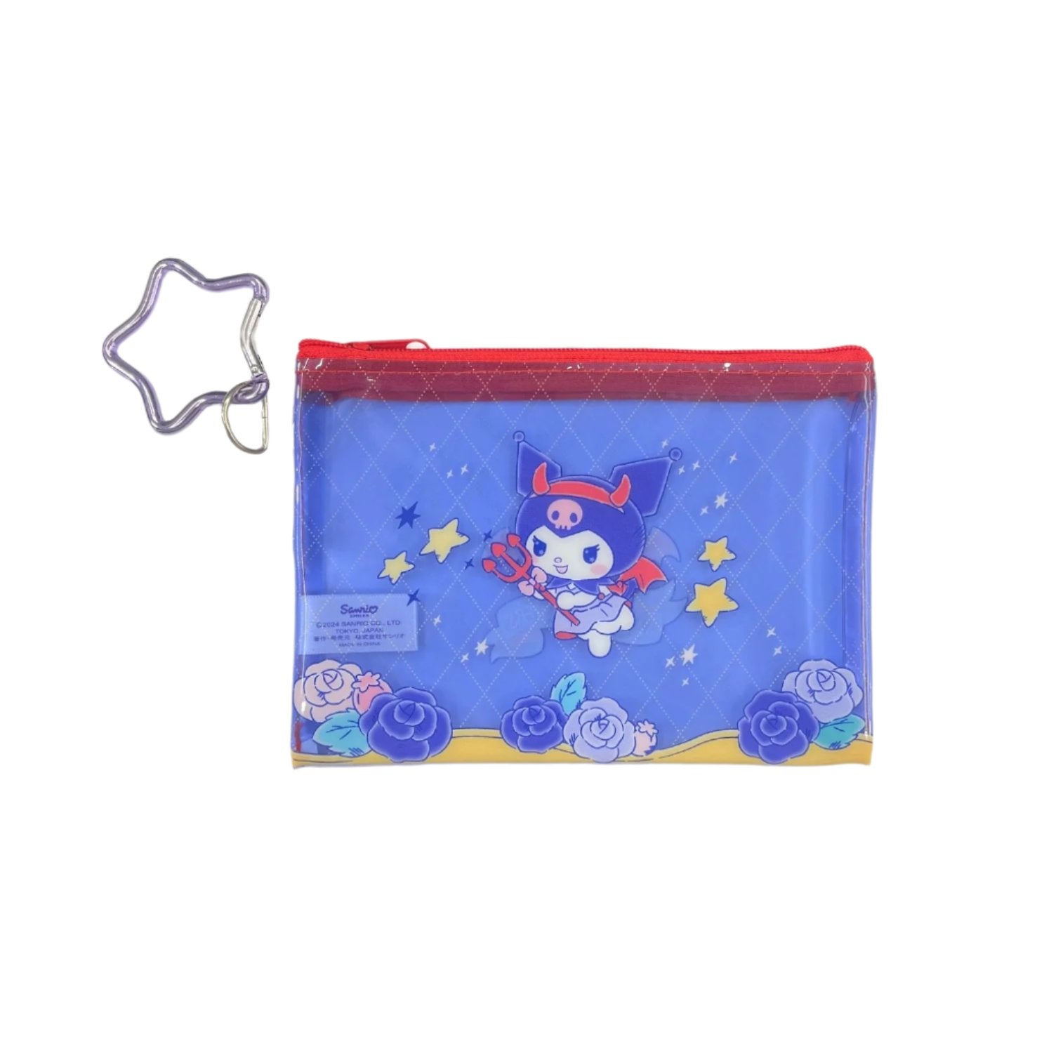 Close-up of a Sanrio blind bag showing a surprise character inside a colorful zipper pouch.