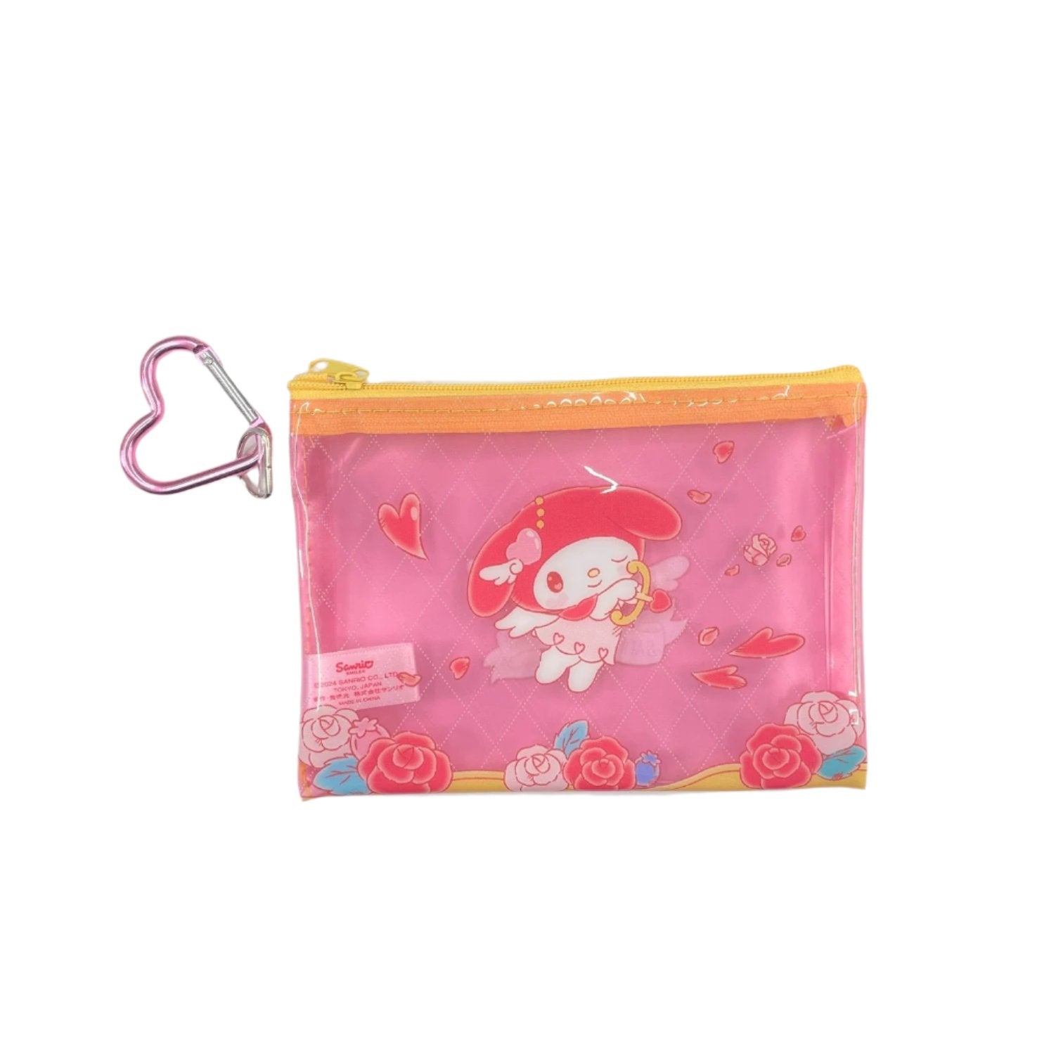 Close-up of a Sanrio blind bag showing a surprise character inside a colorful zipper pouch.
