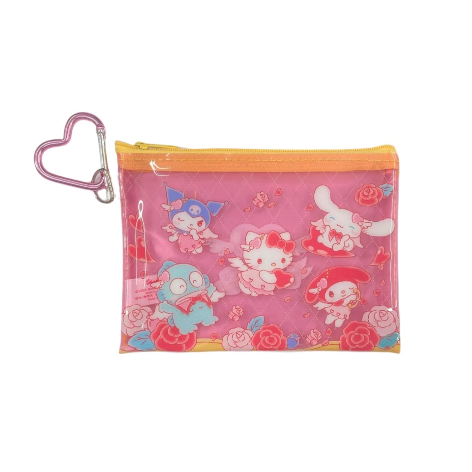 Cute Sanrio zipper pouch attached to a backpack, featuring dual personality design.