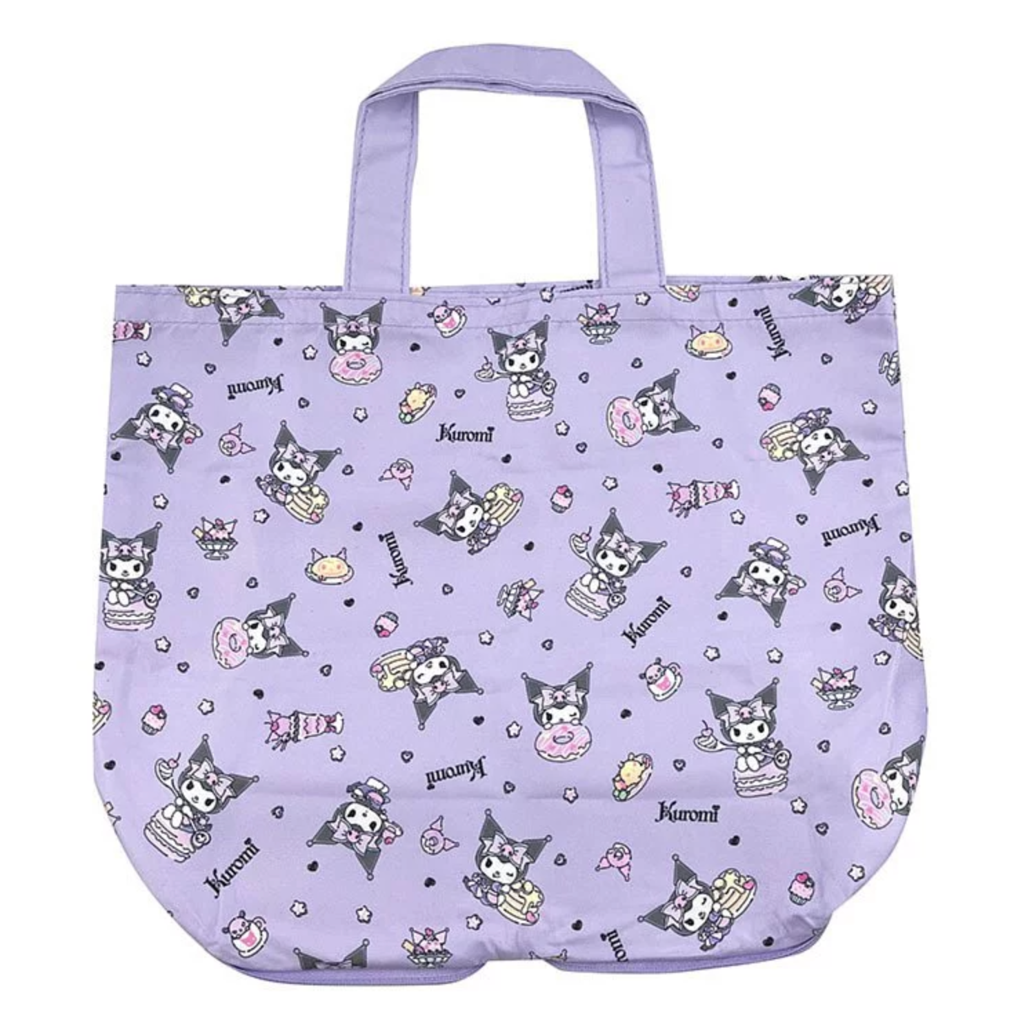 Front view of Kuromi tote bag with café-themed animal print design