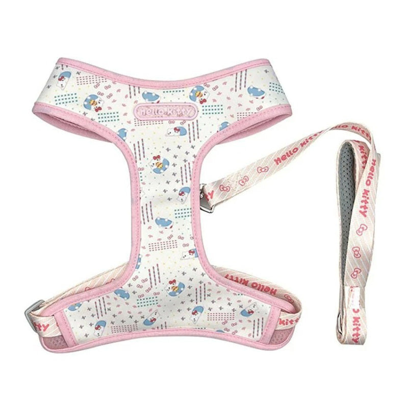 Hello Kitty harness set on a small dog, showcasing fit and style.