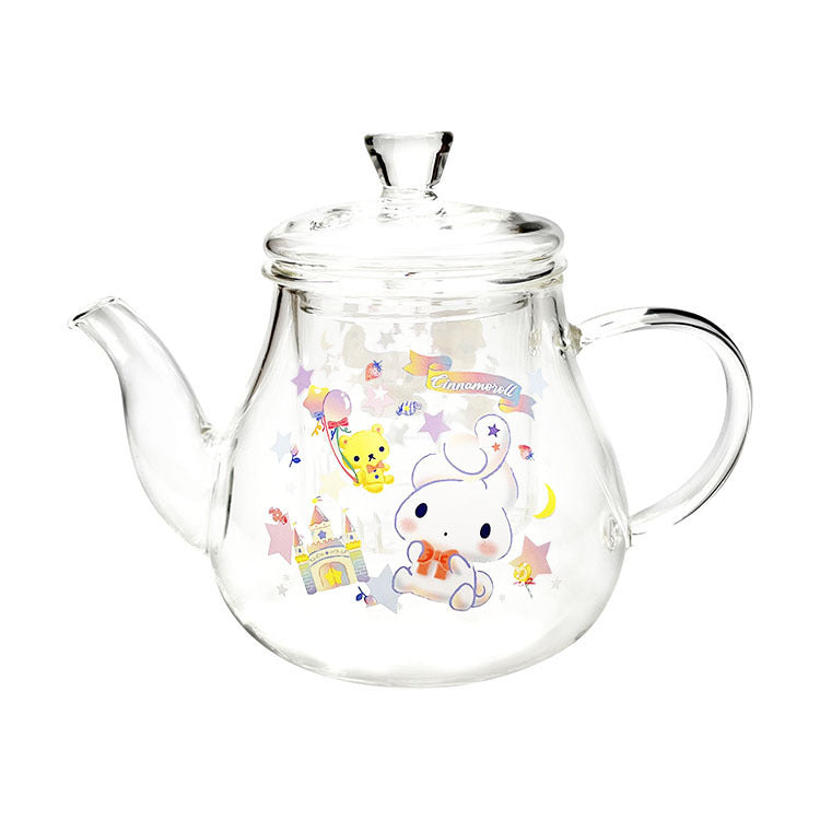 Front view of Cinnamoroll glass teapot with infuser on a wooden table