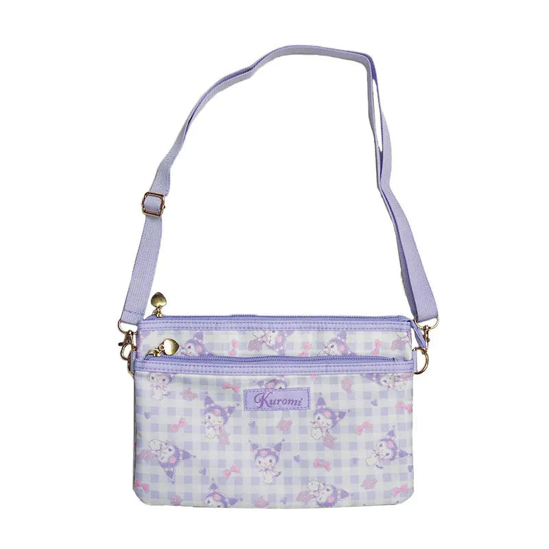 Kuromi gingham crossbody bag with adjustable strap on a casual outfit