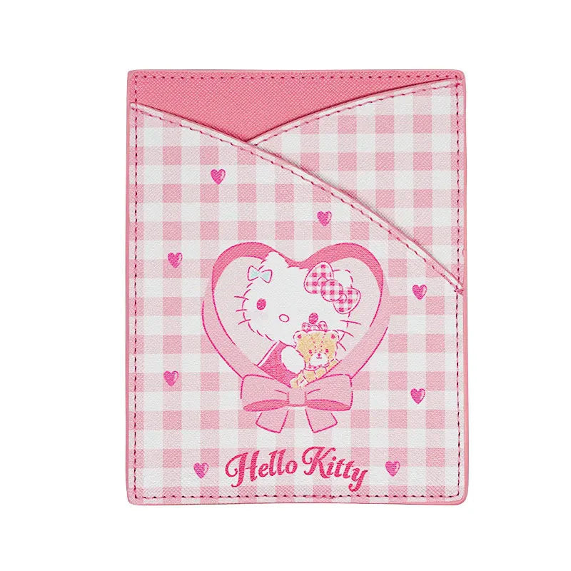 Front angle of Hello Kitty Gingham Travel Wallet showcasing its pastel design and pockets.