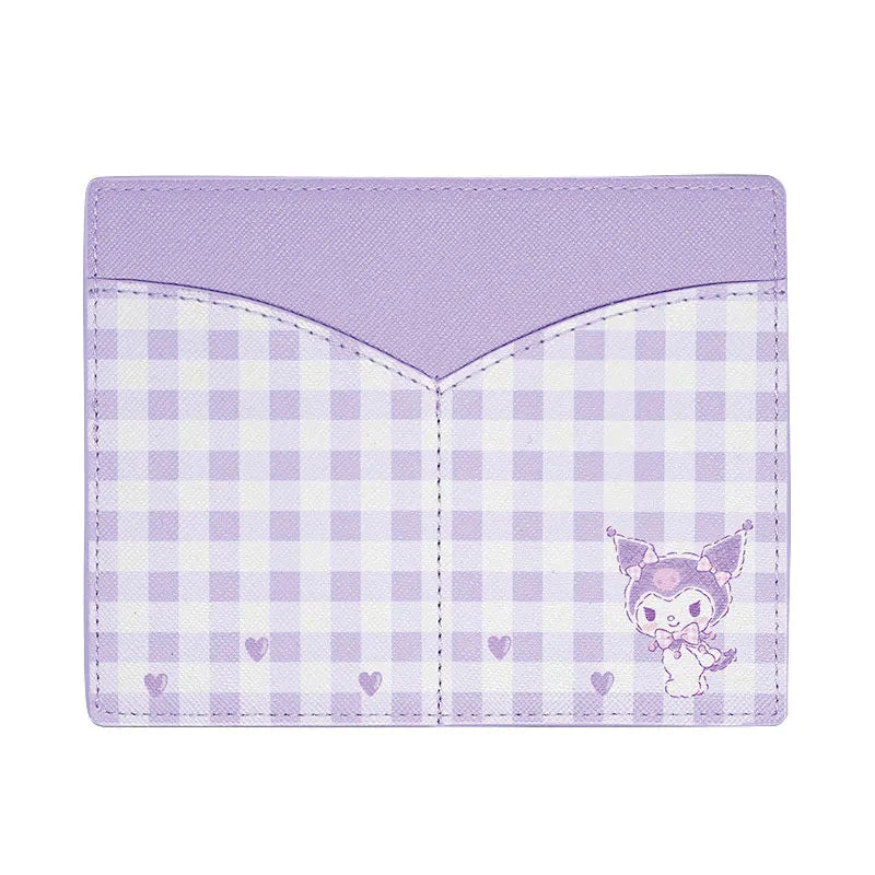 Kuromi Gingham leather passport holder with a boarding pass and credit cards.