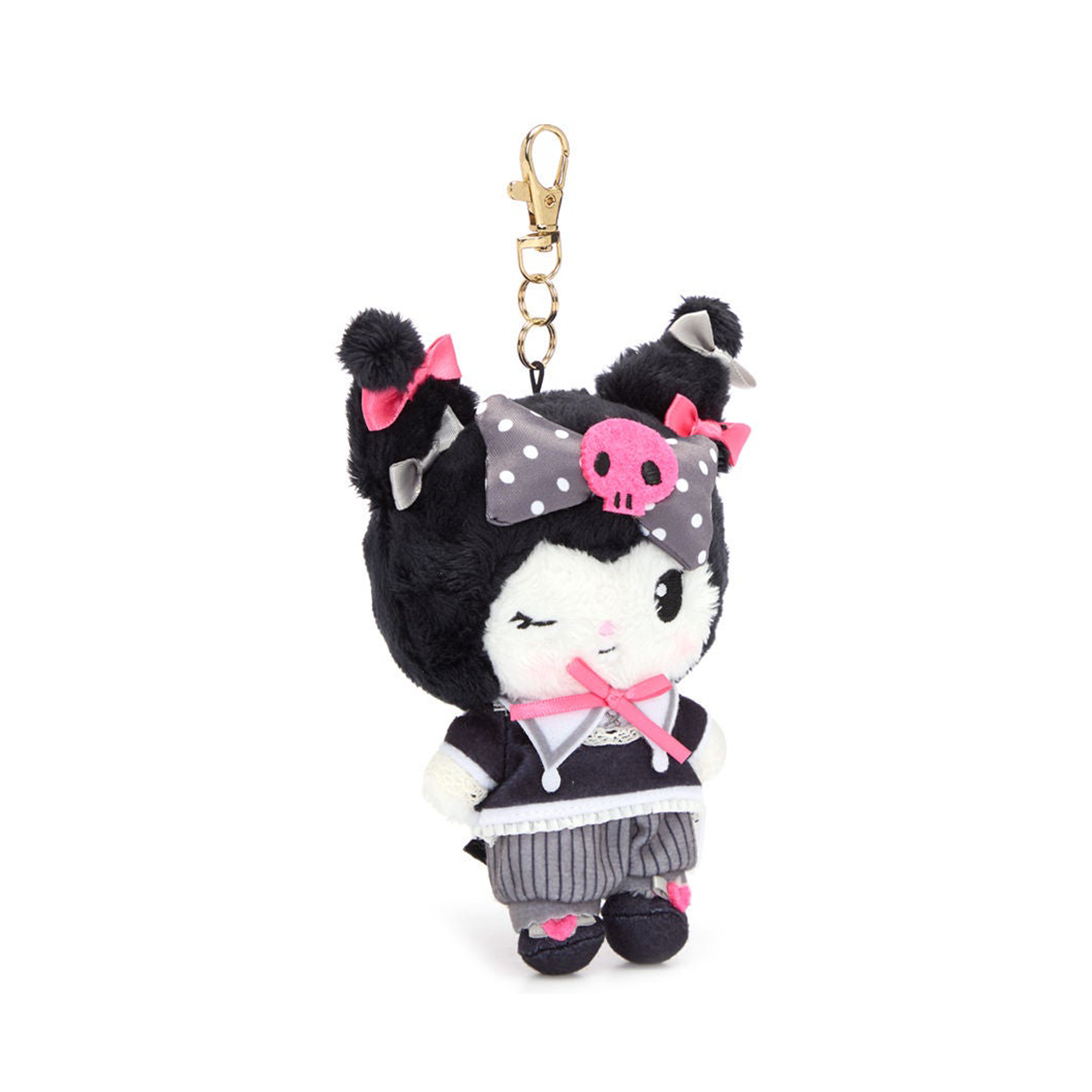 Kuromi plush backpack with attached winking mascot for fun.