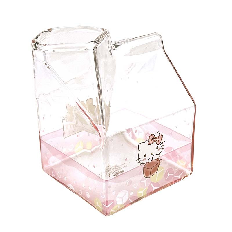 Side view of Kawaii milk carton glass cup showing borosilicate clarity