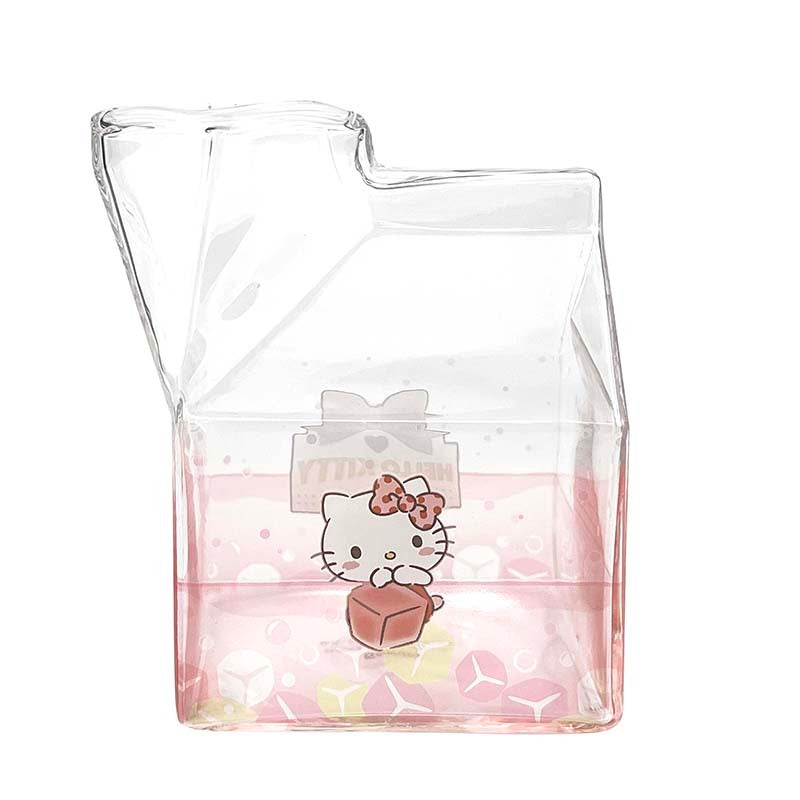Hello Kitty kawaii glass milk carton cup filled with strawberry flavored milk