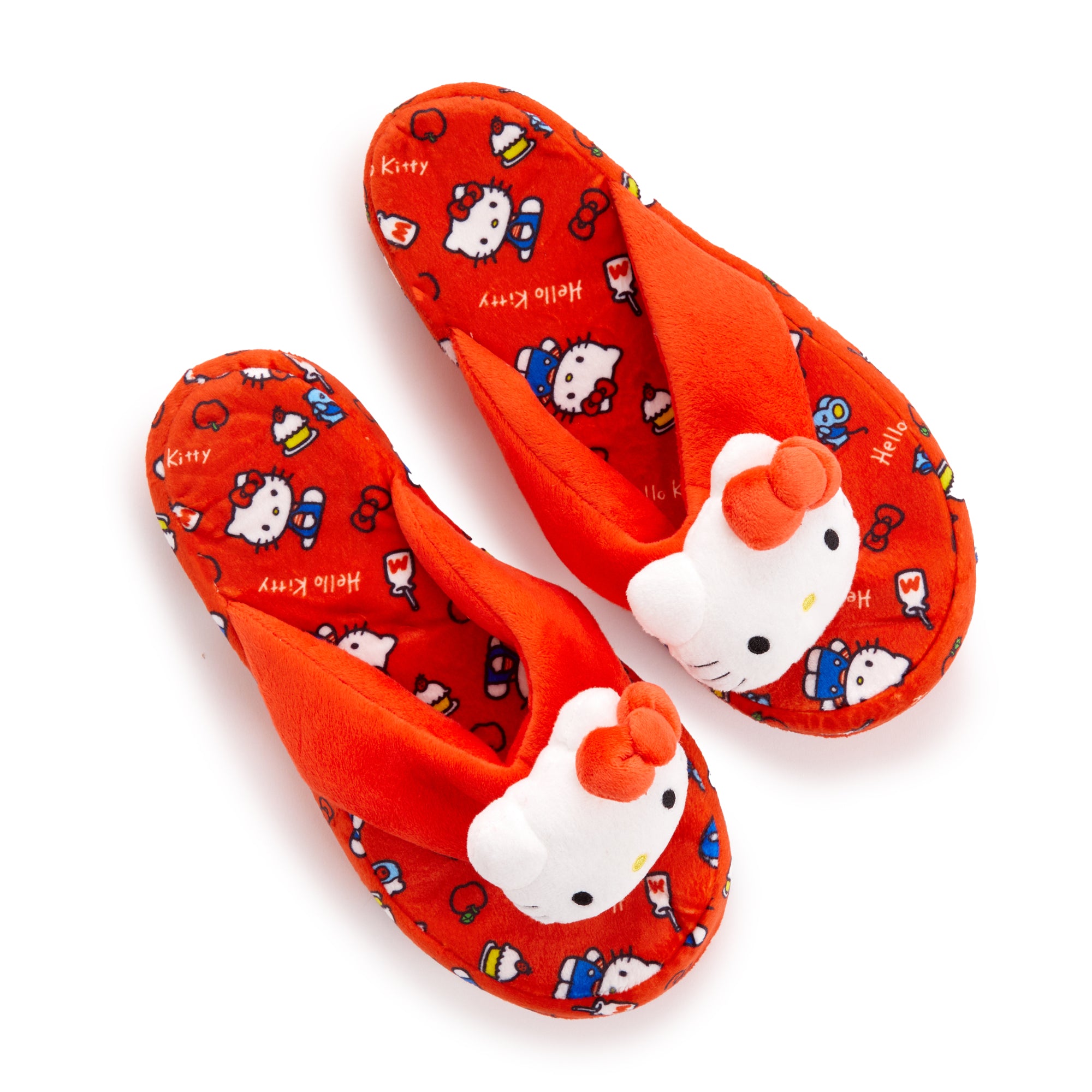 Close-up of Hello Kitty slippers for adults, focusing on the embroidered design