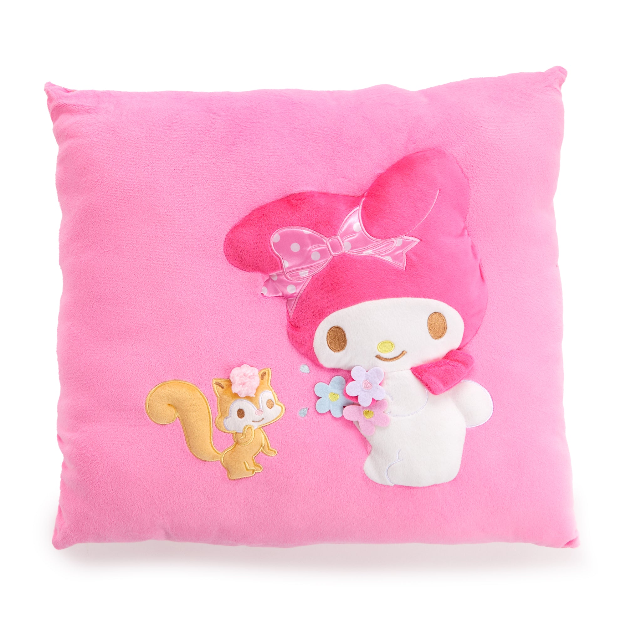 My Melody plush pillow displayed on a cozy gray couch