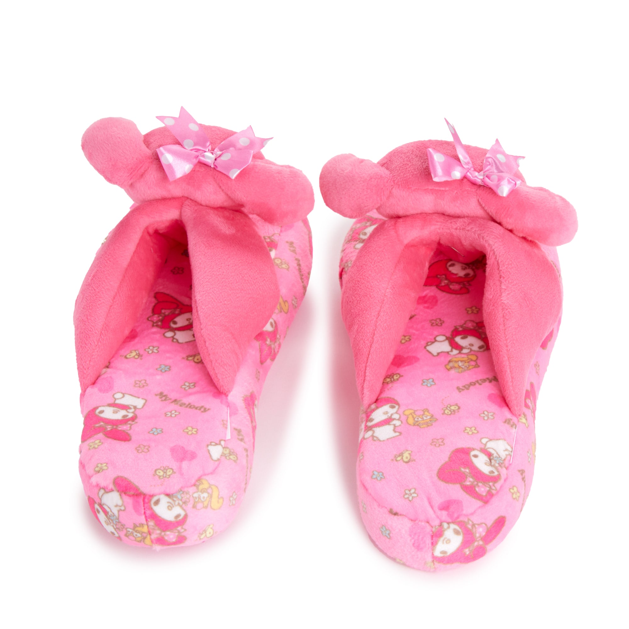 Front view of My Melody cozy slippers with plush character embroidery