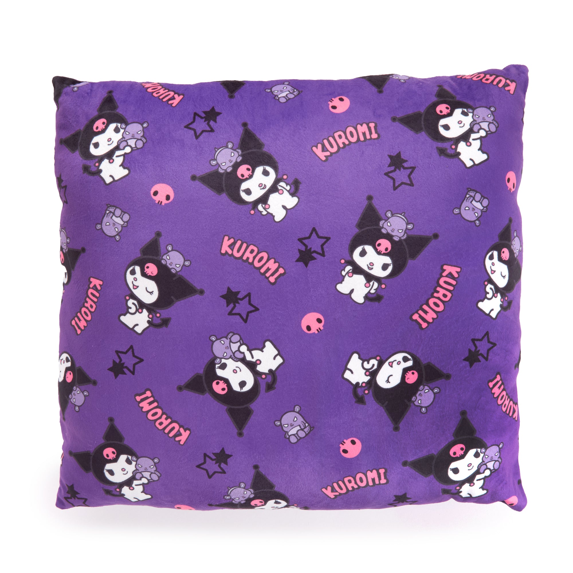 Back side of Kuromi decorative pillow styled with blue throw pillows in a cozy reading nook