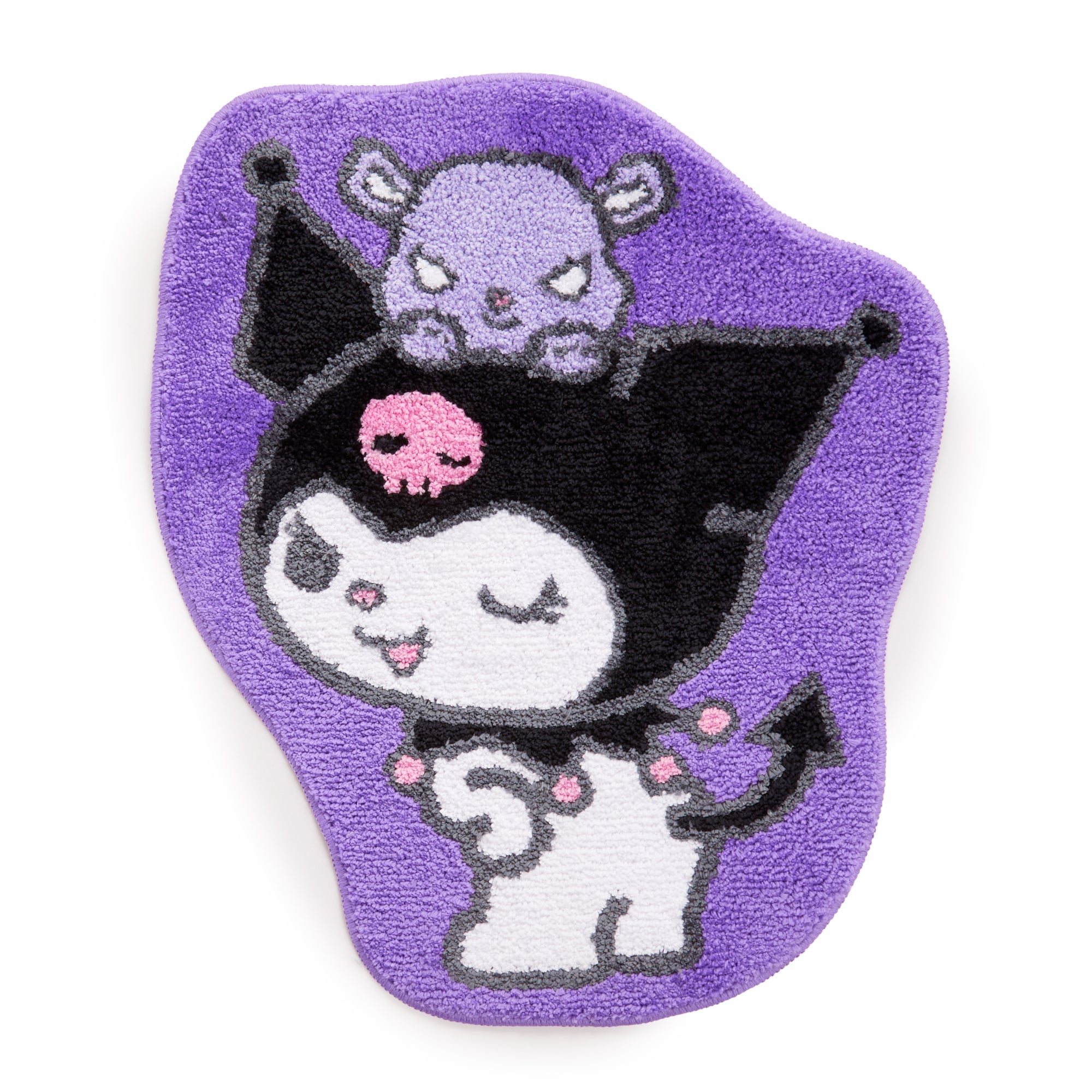 Top view of Kuromi accent rug placed in a kawaii-style bedroom