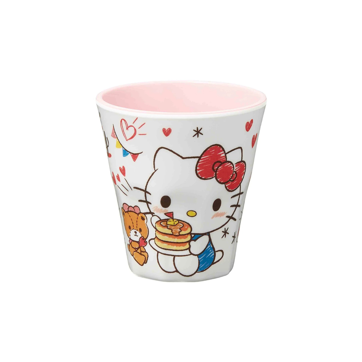Hello Kitty melamine cup on a breakfast table, filled with orange juice